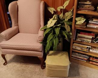 Havertys wingback chair, vintage hassock, bookcase and books