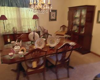 Drexel Duncan Phyfe table and chairs, china cabinet and buffet