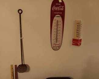 antique hand forged straining ladle, 1950's coca cola original metal cigar thermometer and vintage 1070's plastic corner thermometer
