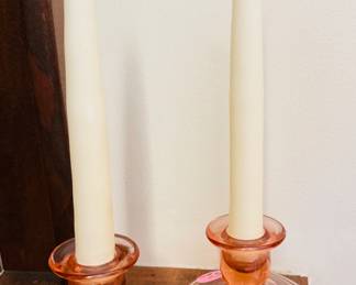 Pink depression, glass candlesticks