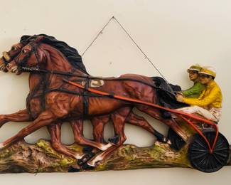 VTG 1966 UNIVERSAL STATUARY #382 HARNESS HORSE RACING - 43" WALL HANGING PLAQUE
