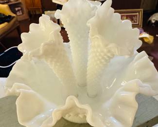 Vintage Fenton White Milk Glass Hobnail 3 Horn Trumpet Epergne Ruffle Edge Bowl