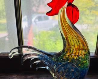 Murano Style Hand Blown Art Glass Red Green &. Yellow Rooster