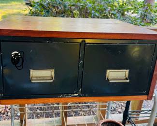 Metal file cabinet with wooden surround