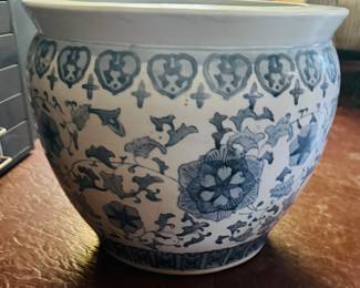 Blue and white fish bowl