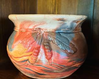 Kickingbird large Bead and Feather Pot
Signed