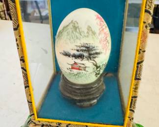Vintage Hand Painted Egg In Glass Tiger And Foliage Scene Oriental/ pair