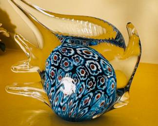 Millefiori Blue and Clear Glass Fish Paperweight Home Decor Figurine