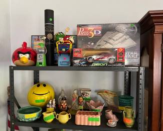 Vintage Toys/Games.  McCoy Pottery.   Figurines.  Smiley Face Metal Bank.  Angry Bird Bank.  M&M Collectibles.  Star Wars 3D puzzle.  