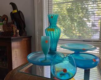 Empoli Optic Swirl Vase & Blue Depression Glass items.