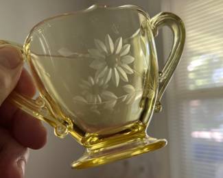 Vintage Lancaster Yellow Jubilee Depression Glass Sugar & Creamer Set with etched flower design.  Creamer - 5" wide x 3.5 " high,  Sugar Bowl 5.25" wide x 3" high.
