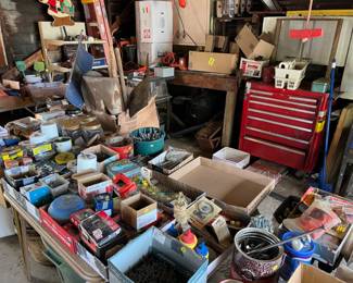 Nails, screws, bolts & misc. hardware.  Tool bin.  