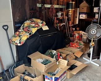 Christmas lights, garden tools
