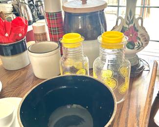 old crockery bowl, vintage pyrex lemonade pitchers