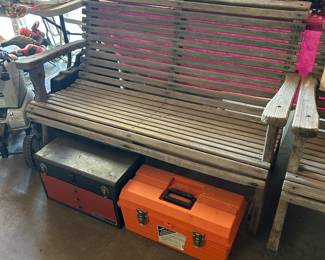 wood bench and chair, tool boxes