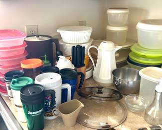 tupperware , coffee carafe, coffee mugs, mixing bowls