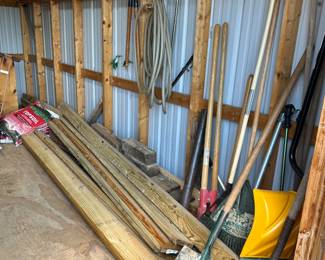 yard tools, pressure treated lumber