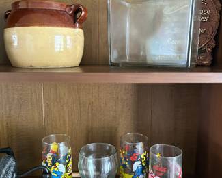 collectible Coco cola glass, smurf glasses, bean pot