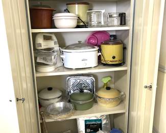 storage cabinet, Club pots, crock pots, cake carrier, mixer