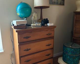 4 drawer chest, vintage globe, MCM amber lamp