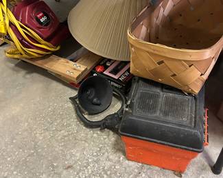tool chest, leaf blower, skid