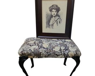 Vintage Wrought Iron Leg Stool Refinished & Framed Lady Portrait