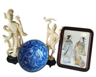 Asian Decor Carved Look Figures Bowl Hand Painted Water Color Art