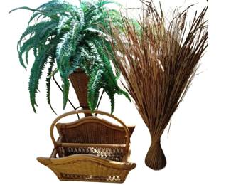 Two Faux Plants Fern & Rattan Magazine Rack Coastal Decor