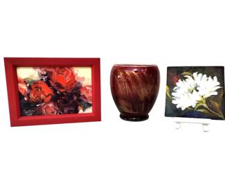 Two Mini Original Floral Paintings & Candle