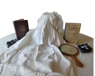 Antique Baptism Gown Portrait Button Books Hand Mirror