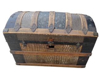 Antique c1880 Wood Dome Top Steamer Trunk Pressed Tin Ornate 34"
