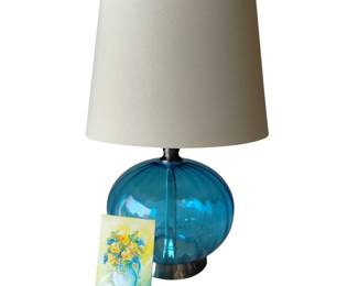MCM Style Blue Glass Ball Lamp and Finial + Hand Painted Flowers