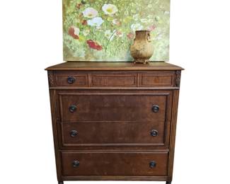 Antique Triangle Brand Tall Boy Dresser 3ft Poppy Painting + Vase
