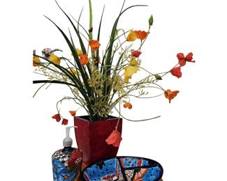 Hand Painted in Mexico Colorful Dish Soap Pump & Faux Poppy Plant