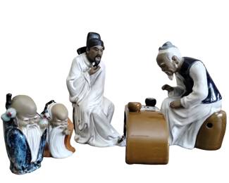 Vintage Shiwan Chinese Mudman Set + 2 Chinese Men