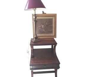 Mid-Century Style Wooden End Table Asian Style Wall Art Brass Lamp