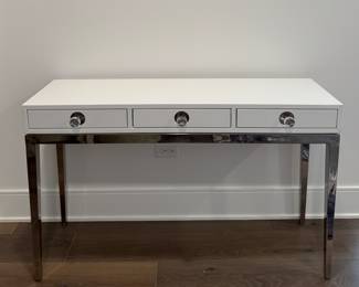 Jonathan Adler White Lacquer Desk / Console Table with Chrome Frame & Lucite Drawer Pulls. Measures 4' x 1' 4" x 30" H. Photo 1 of 4. 