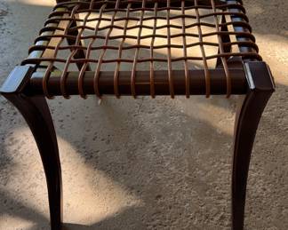 Klismos Walnut Wood Woven Leather Stool with Saber Legs. Measures 25.2ʺ W × 25.2ʺ D × 17.32ʺ H. Photo 1 of 3. 