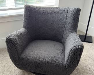 Pottery Barn Teen Lennon Low Swivel Lounger Upholstered in Sherpa Grey. Measures 28.5" W x 30" D x 27" H.
