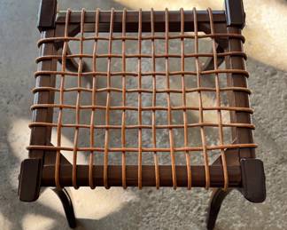 Klismos Walnut Wood Woven Leather Stool with Saber Legs. Measures 25.2ʺ W × 25.2ʺ D × 17.32ʺ H. Photo 2 of 3. 
