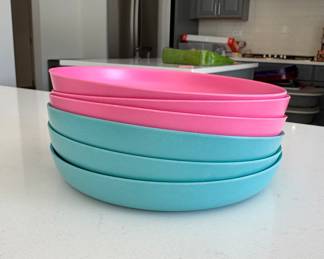 Set of 6 BioBu Bambine Small Plates: 3 Pink, 3 Aqua. Photo 1 of 2. 