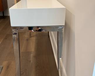 Jonathan Adler White Lacquer Desk / Console Table with Chrome Frame & Lucite Drawer Pulls. Measures 4' x 1' 4" x 30" H. Photo 3 of 4. 