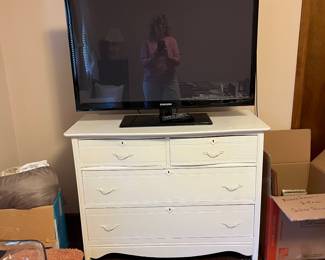 Antique dresser painted white, TV