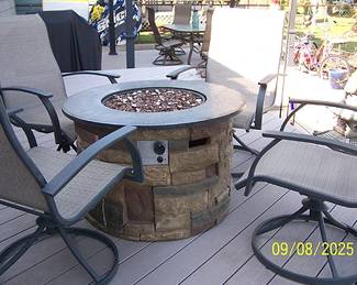 Fire pit, four patio chairs