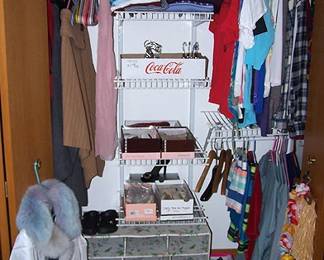 Men's, Ladies and children's clothing, shoes, hats and coats. One ladies coat with two fox collars