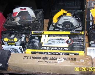 DeWalt circular saw, Jack-in-a-box stabilizers, etc...