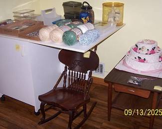 Crafting or sewing cabinet, old rocker, MCM end table
