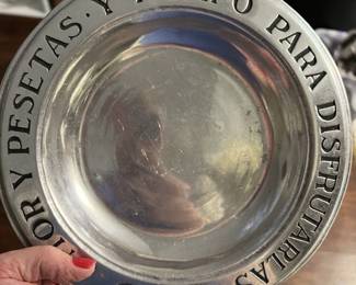 Vintage Wilton Columbia Pewter Plate with Good Wishes in Spanish