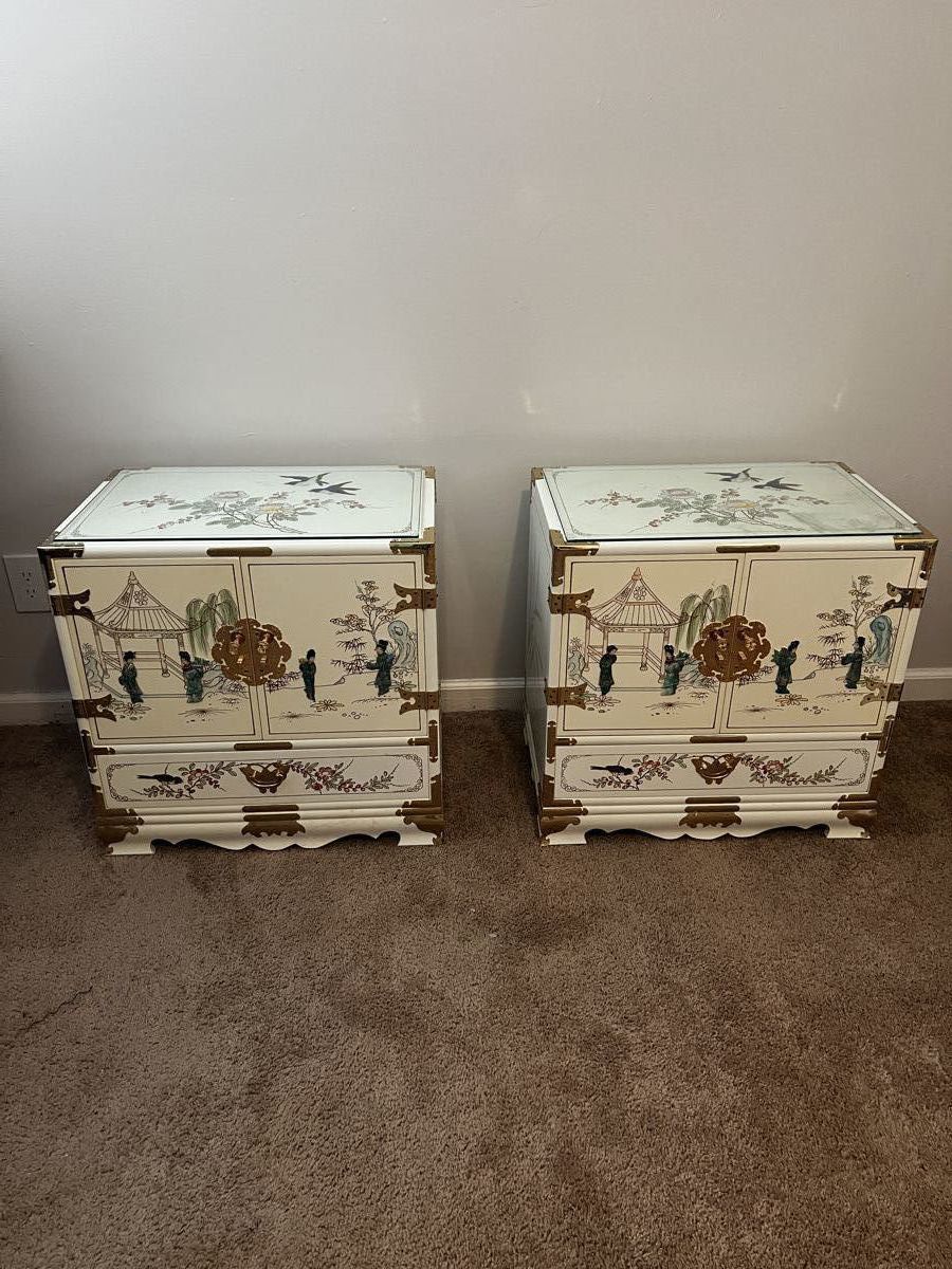 Asian Lacquer Mother of Pearl Nightstands With extra inside Storage Compartments! Gorgeous !!!
