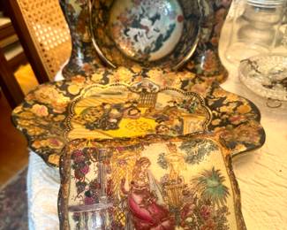 Satsuma candlesticks platter, trinket box and bowl